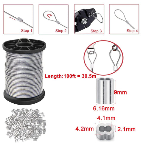 Heavy Duty Stainless Steel Picture Hanging Wire 1.5mm Diameter 100 Feet Long Includes 40 Aluminum Crimping Sleeves Safe Reliable Hanger