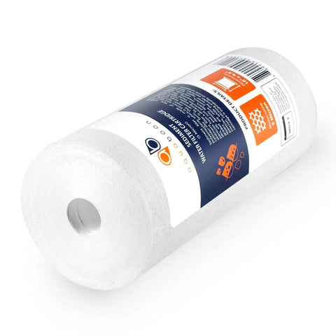 5 Micron 10 By 4.5 Inch Well Water Sediment Filter Replacement For Whole House Filtration Universal Fit Compatible With DGD 5005 WFHD13001B 2 Pack Easy Install Extended Lifespan Keeps Water Clean, close-up of filter cartridge laying on side