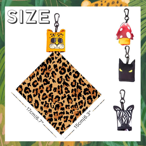 Set of 4 leopard-print double-sided microfiber eyeglass cleaning cloths, each 17x17 cm, with attached keychain clips