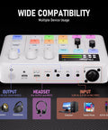 G9 Audio Mixer For Streaming And Podcasting RGB PC Mixer with XLR Interface showing outputs and inputs compatibility