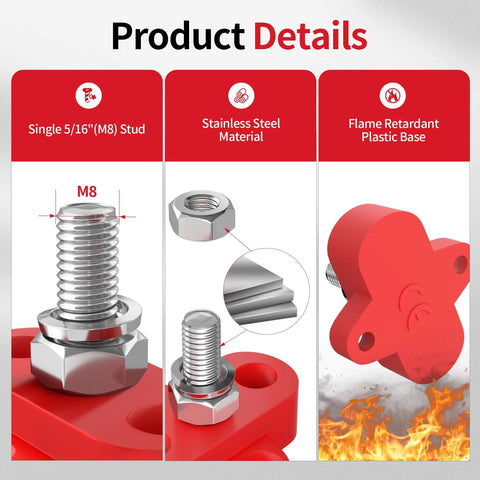 12V 250A Power Distribution Block Set With Single 5/16 Inch Studs, showing stainless steel material and flame retardant base