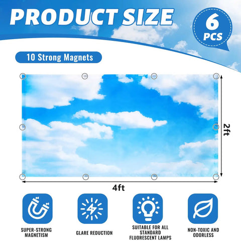 Six Magnetic Fluorescent Light Covers For Classrooms And Offices, 4x2 Feet Ceiling Light Filters With Sky Cloud Design, 10 Magnets