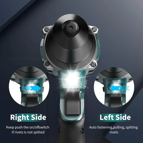 Edtran Brushless Cordless Electric Rivet Gun Compatible With Makita 18V Battery showing control buttons and LED light features