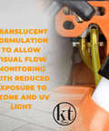Three Size Fuel Line Kit With 1/8 in ID, 3/16 in ID, 1/4 in ID tubing attached to orange engine showing translucent formulation