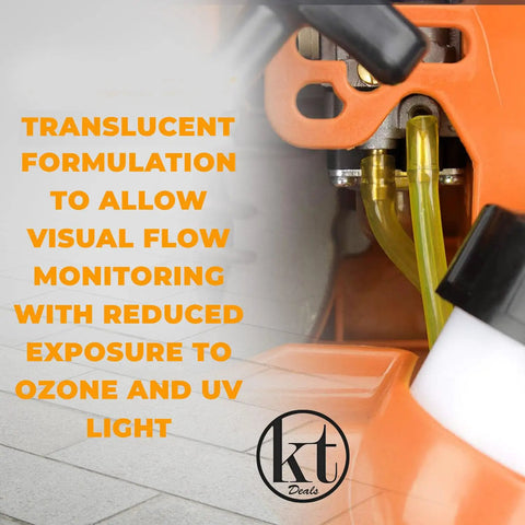 Three Size Fuel Line Kit With 1/8 in ID, 3/16 in ID, 1/4 in ID tubing attached to orange engine showing translucent formulation