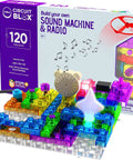 Building Blocks Circuit Kit For Kids, 120 Hands On Projects That Let You Build A Real Working FM Radio, shown with colorful blocks and sound module
