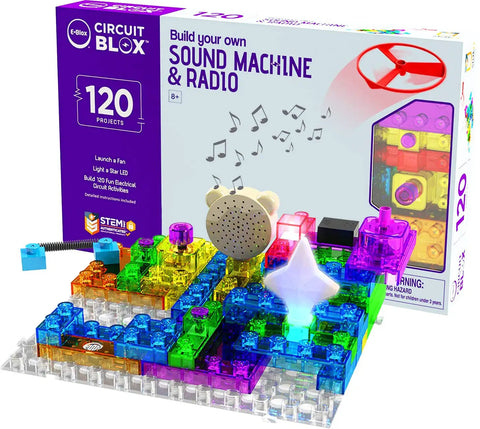Building Blocks Circuit Kit For Kids, 120 Hands On Projects That Let You Build A Real Working FM Radio, shown with colorful blocks and sound module