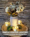 Flameless Rechargeable Tea Lights With Remote Timer LED Battery Operated Flickering Candles around flower vase on wood slab