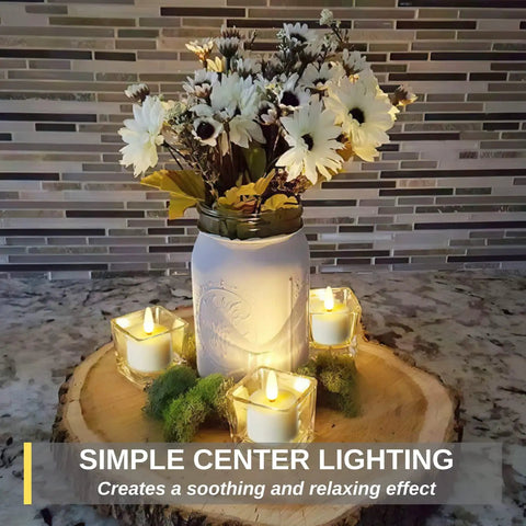 Flameless Rechargeable Tea Lights With Remote Timer LED Battery Operated Flickering Candles around flower vase on wood slab