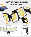 Solar Motion Lights Outdoor With Sixteen Point Four Foot Cable 3000LM LED Security Flood Lights showing 5 adjustable heads and dimensions