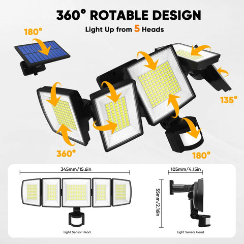 Solar Motion Lights Outdoor With Sixteen Point Four Foot Cable 3000LM LED Security Flood Lights showing 5 adjustable heads and dimensions