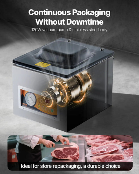 Heavy Duty Chamber Vacuum Sealer Boasts A Snappy 260 Watt Motor Generating Serious Suction to Handle Wet Grub Meats And Sauces Like A Boss While Keeping Your Kitchen Stock Fresh Inside A Compact Design Setup.