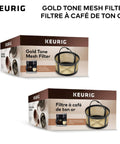 Packaging of Reusable Gold Tone Mesh Coffee Filter for K Duo Essentials and Brewers, showing product image and text.