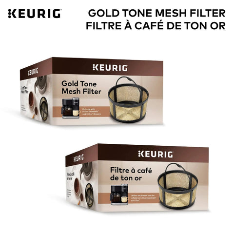 Packaging of Reusable Gold Tone Mesh Coffee Filter for K Duo Essentials and Brewers, showing product image and text.