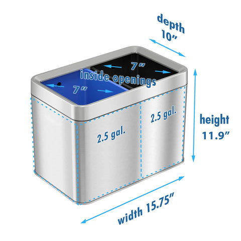 Dimensions of Slim Dual Compartment Trash Can And Recycle Bin With Open Top In Stainless Steel Narrow Wastebasket