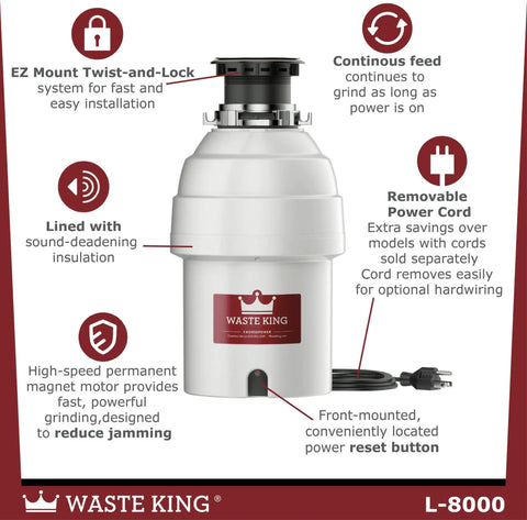 Ultra Fast Kitchen Garbage Disposal With Power Cord For No Fuss Install, Quiet 2,800 RPM Food Waste Disposer side view