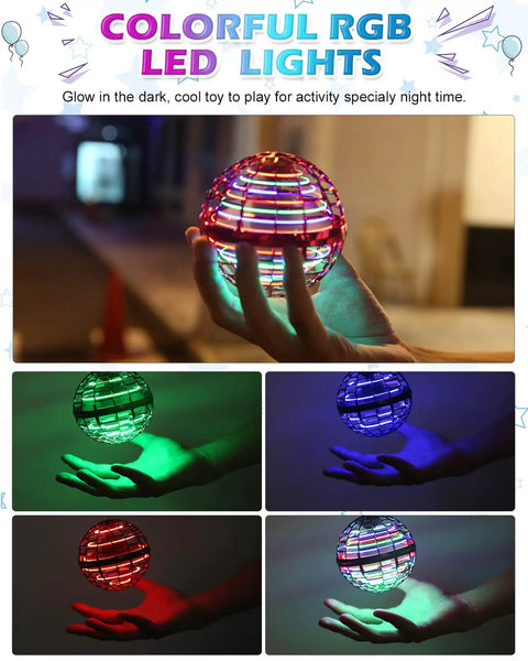 Hand Operated Flying Orb Drone with Magic Controller 360 Degree Spin and RGB Lights glowing in dark held in hand