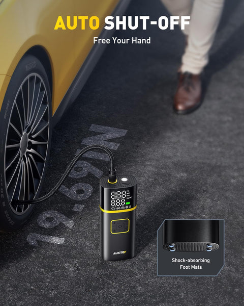 Go To Portable Tire Inflator Air Compressor inflating car tire with auto shut-off feature and LED display on asphalt.