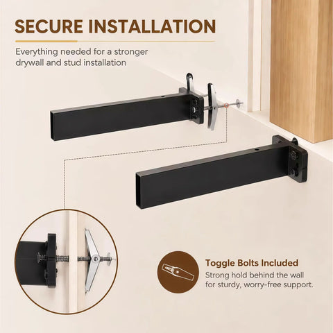 Heavy Duty Floating Mantel Brackets Set 6 Pcs Hidden Wall Shelf Supports For Hollow Mantels 8 Inch No Sag Easy Install Holds Up To 200lbs Metal Fireplace Mantel Hardware Kit showing secure installation with toggle bolts