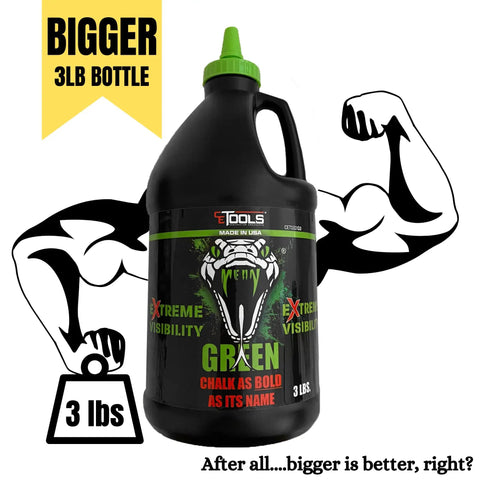 Mean Green 3lb Extreme Visibility Marking Chalk for Chalklines and Job Sites, hydrophobic ultra-fine chalk bottle with label.