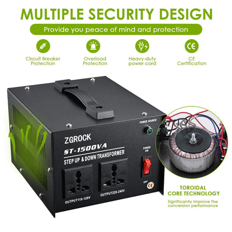 Heavy Duty 1500W Voltage Converter Transformer For 110V To 220V And 220V To 110V With Dual Circuit Breaker Protection, product showing features and ports.