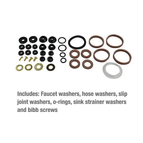 Home Washer Repair Kit With 42-Piece Rubber Washer Set, Varied Metric And Inch Sizes displayed with multiple washers and screws