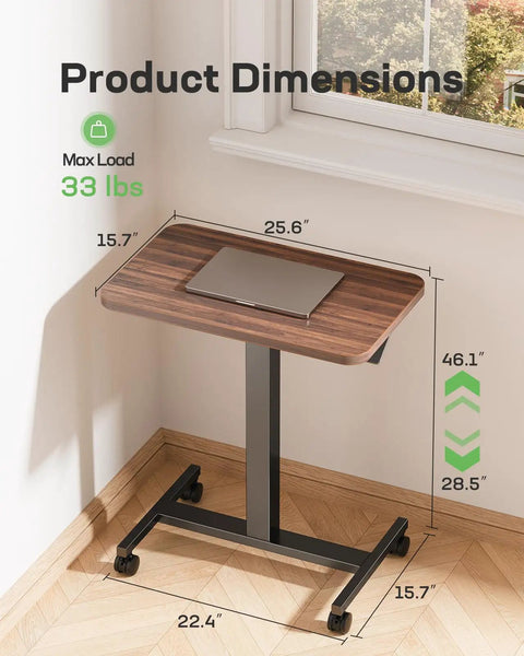 Mobile Standing Desk With Wide Height Range From 28.5 To 46.1 Inches, Adjustable Sit Stand Computer Desk On Four Lockable Wheels, Walnut Finish, shown next to window with dimensions.