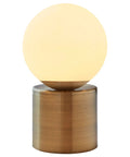Modern Glass Globe Table Lamp With LED Bulb, Brass Finish, Off Center Milky White Glass Sphere, 7 Inch Diameter, 10 Inch Height
