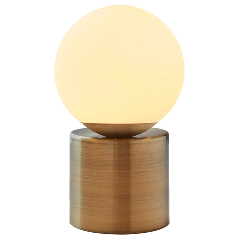 Modern Glass Globe Table Lamp With LED Bulb, Brass Finish, Off Center Milky White Glass Sphere, 7 Inch Diameter, 10 Inch Height