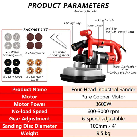 Diagram of Electric Concrete Floor Polisher With 4 Diamond Grinding Heads 3600W High Power Six Speed Settings specifications.