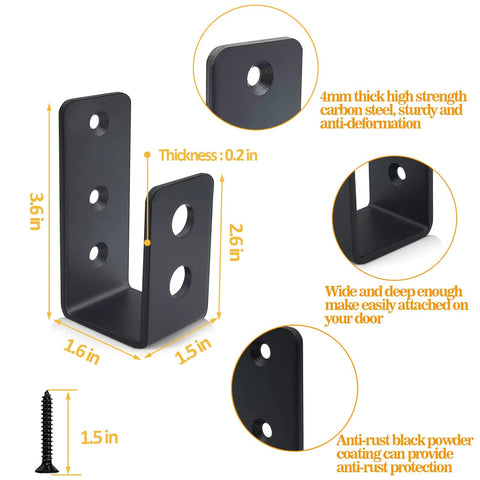 Two Pack 2x4 Door Barricade Brackets dimensions, heavy duty carbon steel with anti rust black powder coat, hardware included
