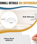 200 Count 0.4 Inch Round Cabinet Door Bumpers Self Adhesive Silicone Pads for Soft Close Kitchen Drawers shown with dimensions.