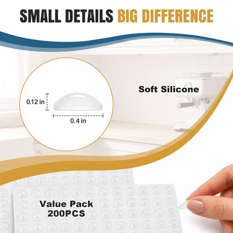 200 Count 0.4 Inch Round Cabinet Door Bumpers Self Adhesive Silicone Pads for Soft Close Kitchen Drawers shown with dimensions.