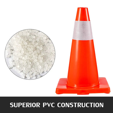 20 Pack 18 Inch Orange Traffic Cones With Reflective Collars And Durable PVC Base Perfect For Construction Sites Road Work Parking Hazards At Home Weather Resistant, featuring PVC material close-up.