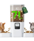 Slick Dual Pet Feeder For Cats And Dogs With Slow Feed Dispenser Programmable Timer Handles Six Meals Daily, two cats eating.