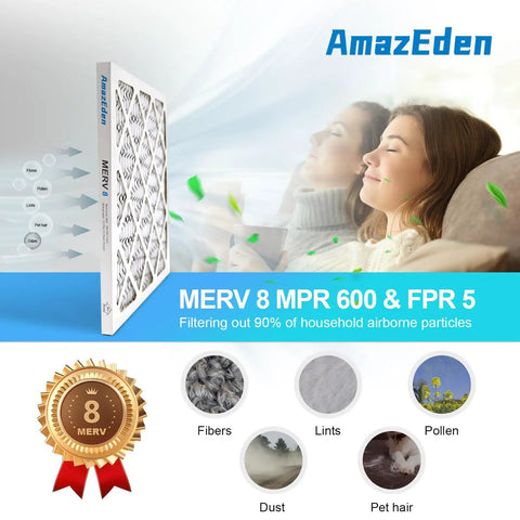 4 Pack 10x10x1 Air Filter MERV 8 For HVAC AC Furnace Pleated Replacement, woman breathing clean air with filter illustration