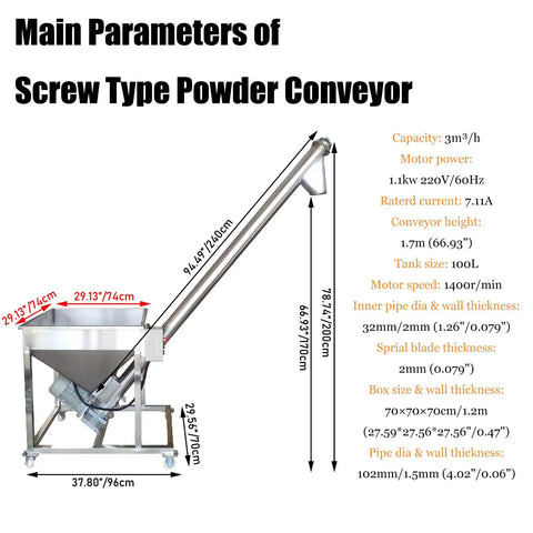 Diagram of Powder Screw Conveyor With Inclined Spiral Design For Easy Powder Handling Heavy Duty 3 Cubic Meters Per Hour Capacity