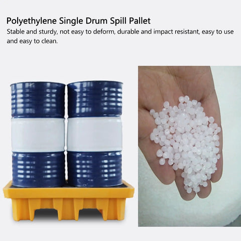 Heavy Duty Two Drum Spill Pallet With Leakproof Polyethylene Drain Pan Tray For Industrial Garage Storage, showcasing drums and spill protection.