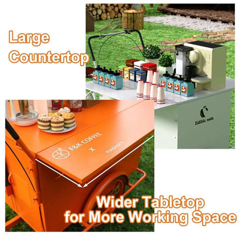Fly Rideable Food Vending Cart With Canopy And Wheels showcasing large orange countertop with food items and coffee equipment.