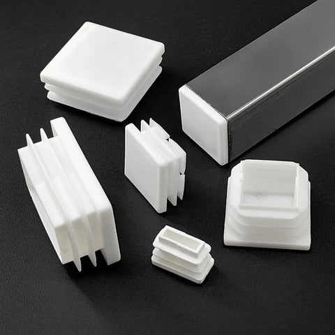 12 Pack White Square Tube Plugs For Furniture Legs And Frame Ends, PP Inserts Cap Hollow Tubes On Black Background