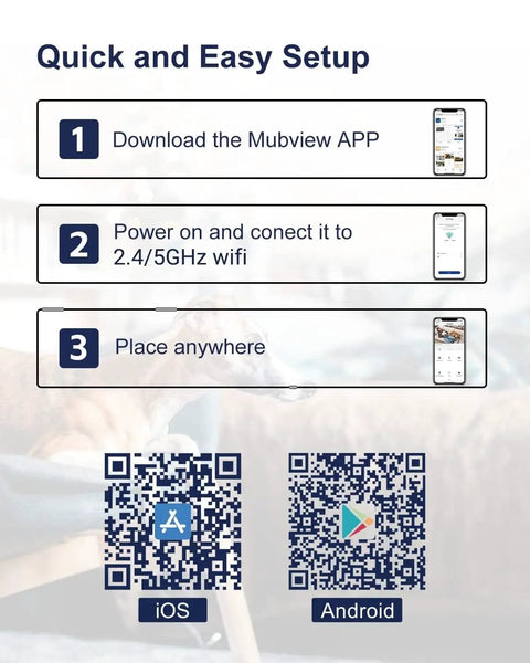 Setup guide for 2K Indoor Security Camera With 2.4 And 5GHz WiFi Night Vision And 24 Seven Recording featuring QR codes for app download.