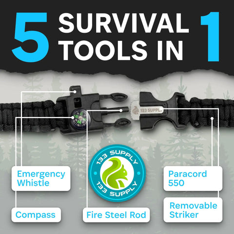 Close-up of Survival Paracord Bracelet With Built In Compass And Fire Starter Kit For Hiking Camping Fishing Men Women Bear Safety Whistle