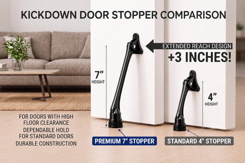 Kickdown door stopper comparison showing 7" heavy duty kickdown door stopper with extended reach design and standard 4" stopper.