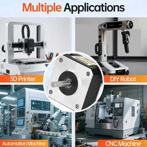 NEMA 17 stepper motor with silver housing and protruding shaft; 2-phase, 4-lead, for 3D printers and CNC machines.