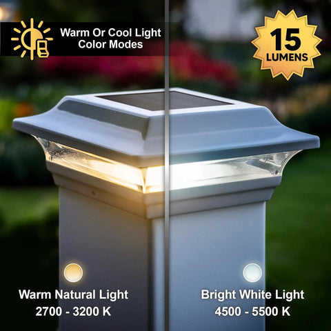 Imperial Solar Post Cap For 4x4 Posts White With High Output LED Lights showing warm and cool light modes