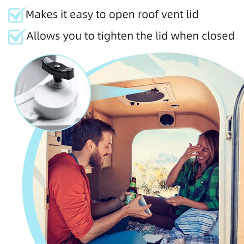 Couple inside camper with Manual Lift Roof Vent Knob Kit for 4000R 5000 RBT and 8000 Series Fantastic Roof Vents close-up