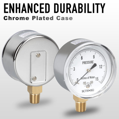 Low Pressure Gas Line Gauge With Capsule System, 0 To 15 Inches Of Water Column, 2.5 Inch Dial, One Quarter Inch NPT Lower Mount, Chrome Plated Case
