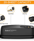 Black Electric 3 Hole Paper Punch Desktop No Sweat No Fuss 20 Sheet Capacity AC or Battery Operated with adjustable guide and chip tray.
