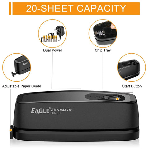 Black Electric 3 Hole Paper Punch Desktop No Sweat No Fuss 20 Sheet Capacity AC or Battery Operated with adjustable guide and chip tray.