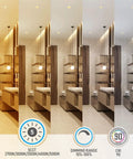 Color temperature comparison of All In One 8 Pack 5CCT 4 Inch LED Recessed Canless Ceiling Downlights with J Box showing 2700K to 5000K.